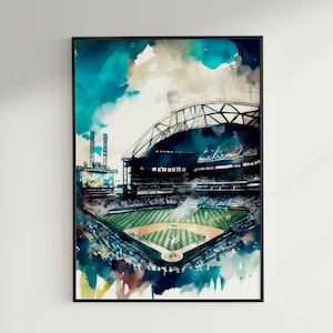 May include: A watercolor painting of a baseball stadium with a green field and a retractable roof. The stadium is surrounded by a crowd of people. The painting is done in shades of blue, green, and brown.