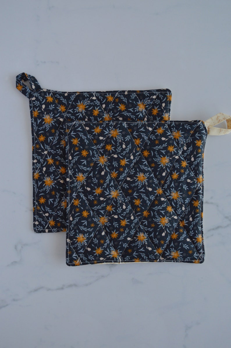 Navy and Gold Floral Pot Holder Set Fall Quilted Pot Holders Etsy