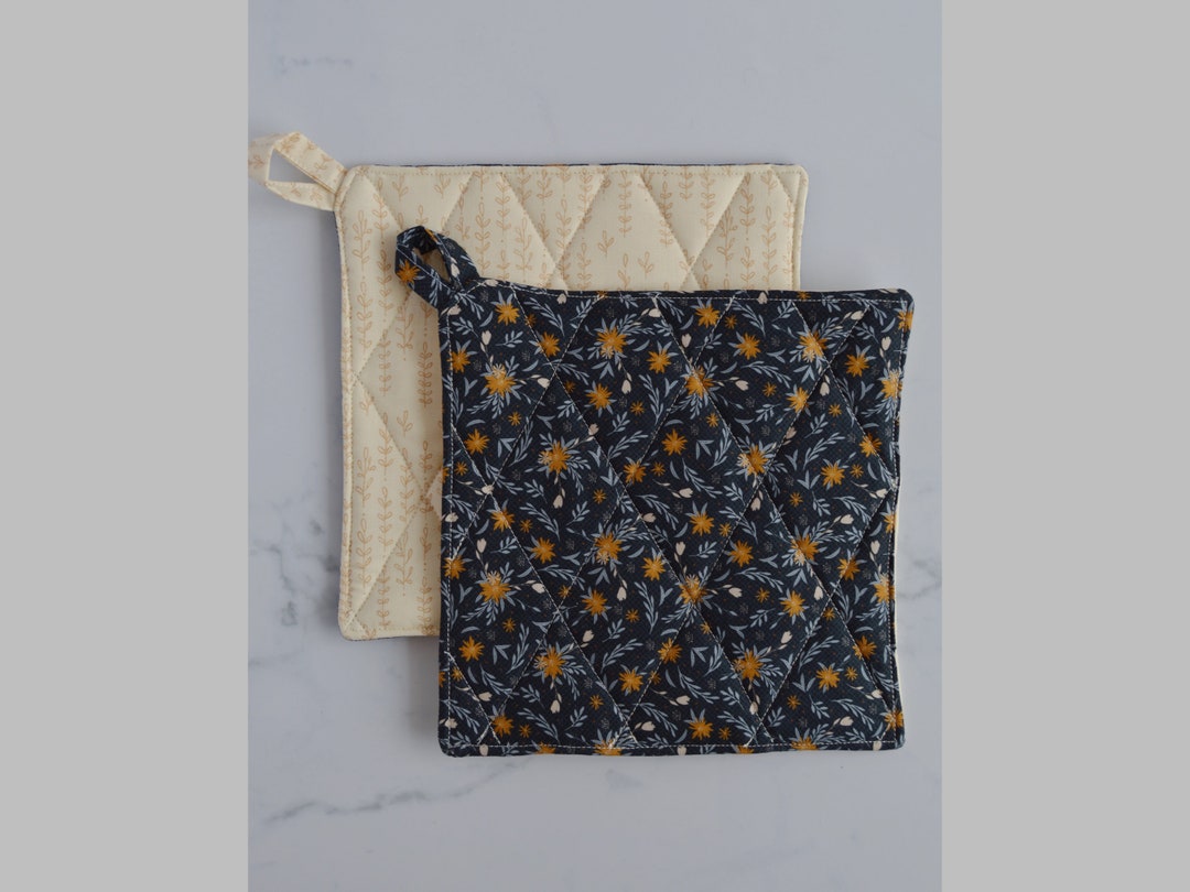 Navy and Gold Floral Pot Holder Set Fall Quilted Pot Holders Etsy