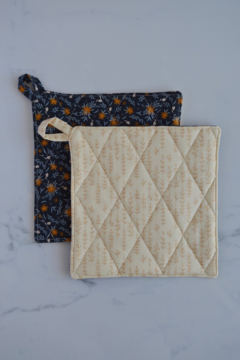 Navy and Gold Floral Pot Holder Set Fall Quilted Pot Holders Etsy