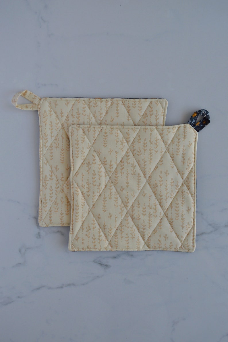 Navy and Gold Floral Pot Holder Set Fall Quilted Pot Holders Etsy