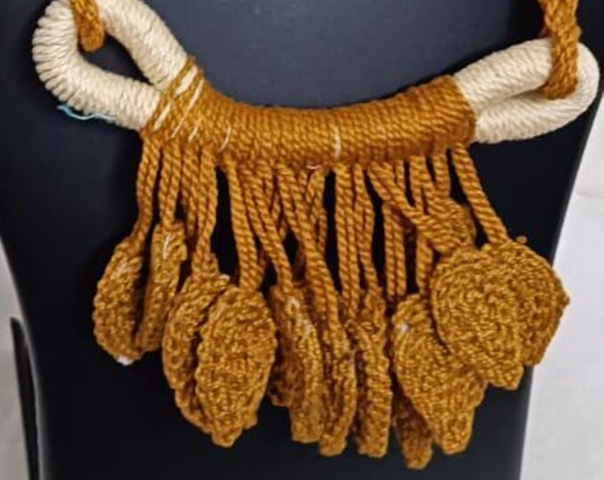 Golden brown Crochet thread necklace set with leaf fringes and matching earrings