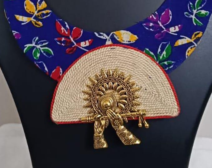 Unique fabric n thread necklace set with golden oxidised pendant and matching earrings