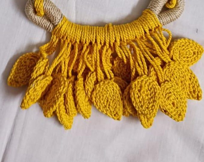Yellow Crochet thread necklace set with leaf fringes and matching earrings