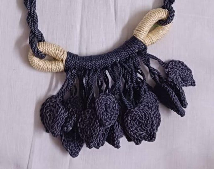 Grey Crochet thread necklace set with leaf fringes and matching earrings