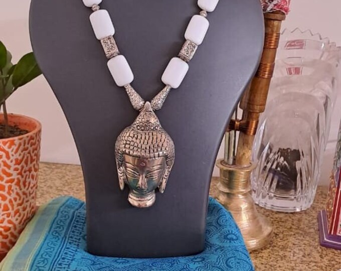 white square glass beads necklace with buddha pendant
