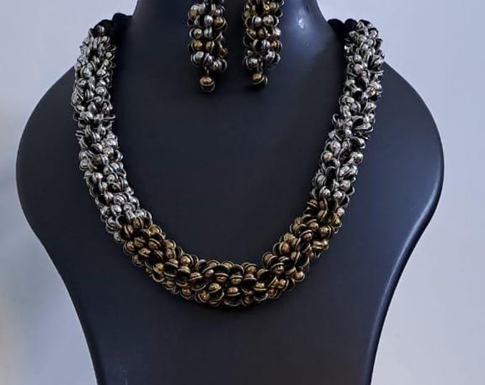Exclusive silver oxidised traditional trinket beads necklace and matching earrings