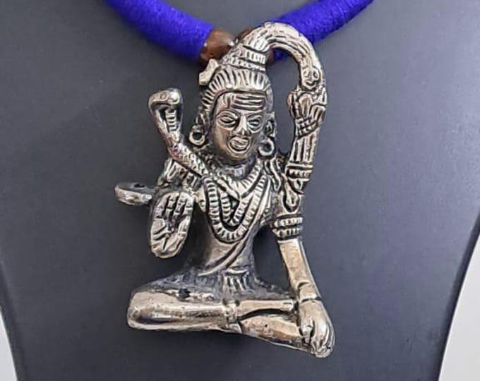 Blue thread necklace with silver oxidised lord shivji pendant
