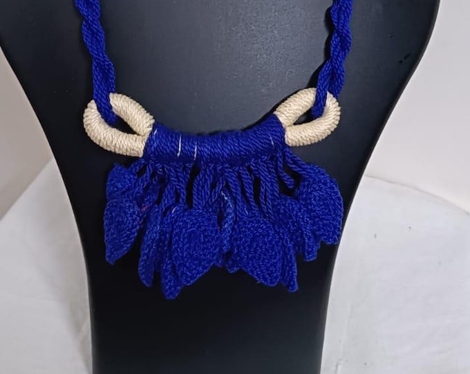 Dark Blue Crochet thread necklace set with leaf fringes and matching earrings