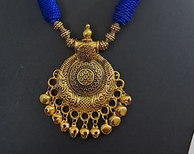 Blue thread necklace with Golden oxidised traditional pendant