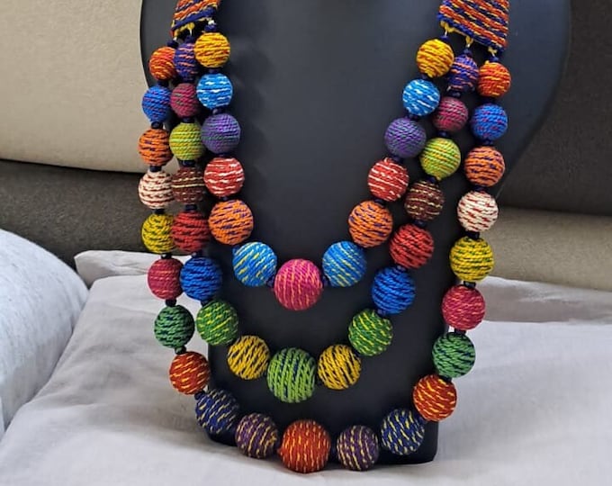 Multi layered and multicoloured necklace with colouful thread ball beads and with matching earrings.