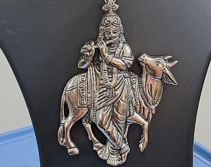 Red thread necklace with silver oxidised krishna pendant