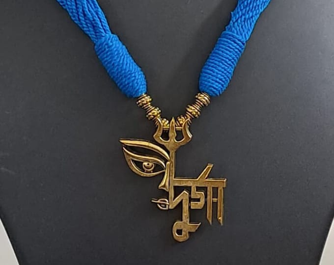Blue thread necklace with oxidised golden durga pendant