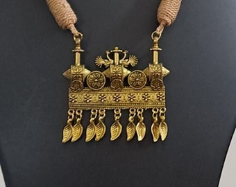 Peach thread necklace with Golden oxidised traditional pendant