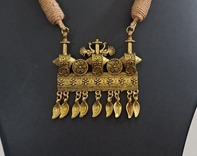 Peach thread necklace with Golden oxidised traditional pendant