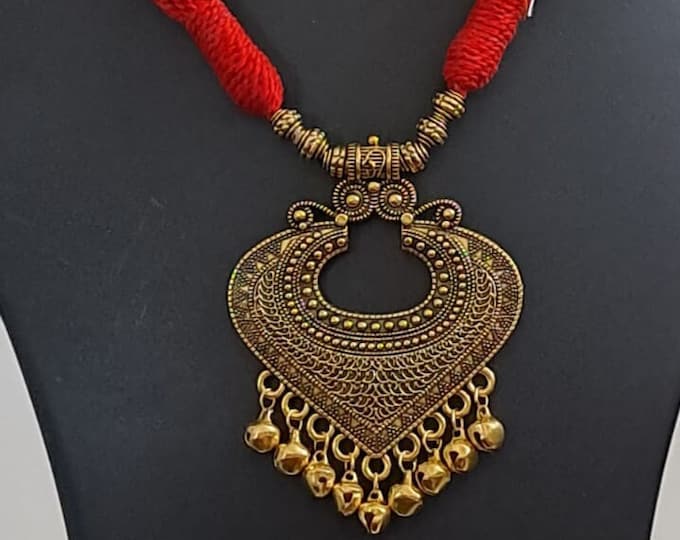 Red thread necklace with Golden oxidised traditional pendant