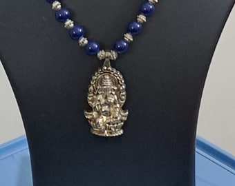 Blue glass beads necklace with oxidised silver ganesha pendant