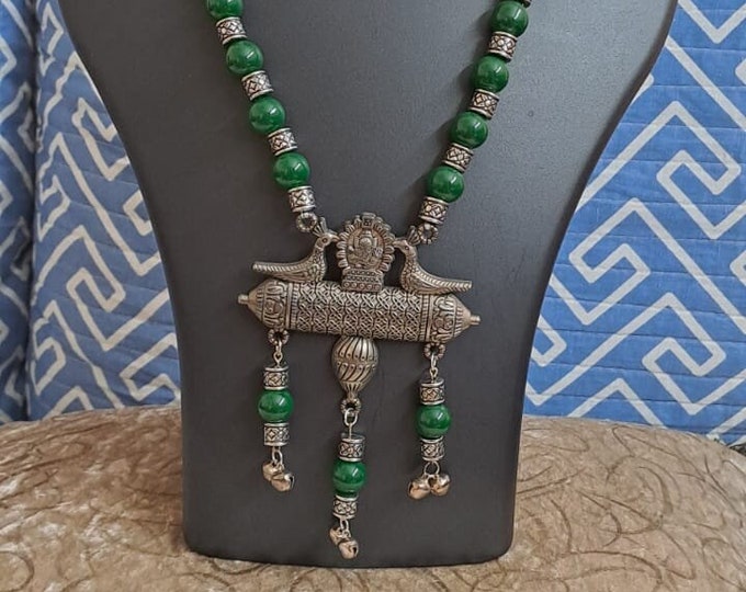 Green glass beads necklace with silver oxidised pendant