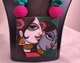 Handpainted fabric jewellery set with matching earrings