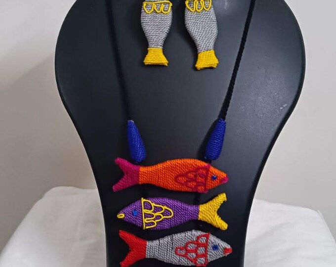 Multi colour crochet thread necklace with fish pendant and matching thread earrings