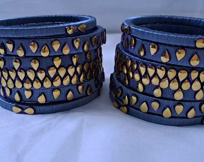 Grey colour traditional thread kundan bangles with zari bangle box