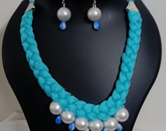 Blue  braided thread necklace with pearl n pearl danglers