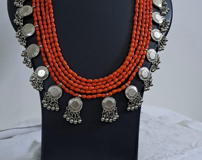 Exclusive multi layered  orange glass beads necklace set with silver oxidised charms n matching earrings