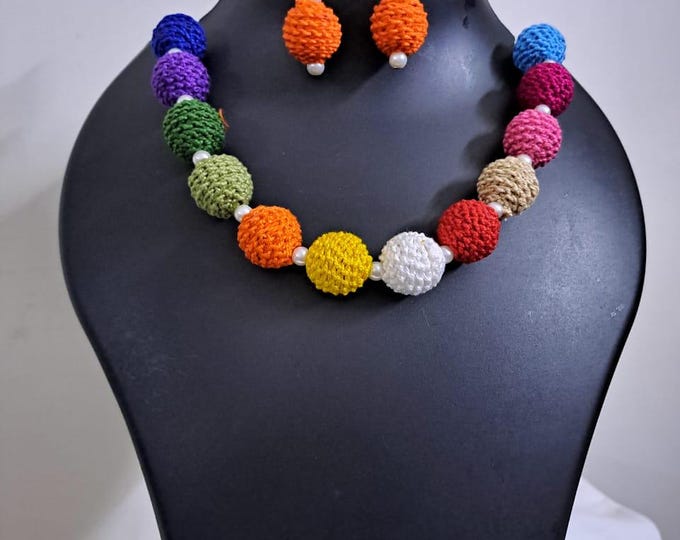 Crochet thread beads necklace set with matching earrings