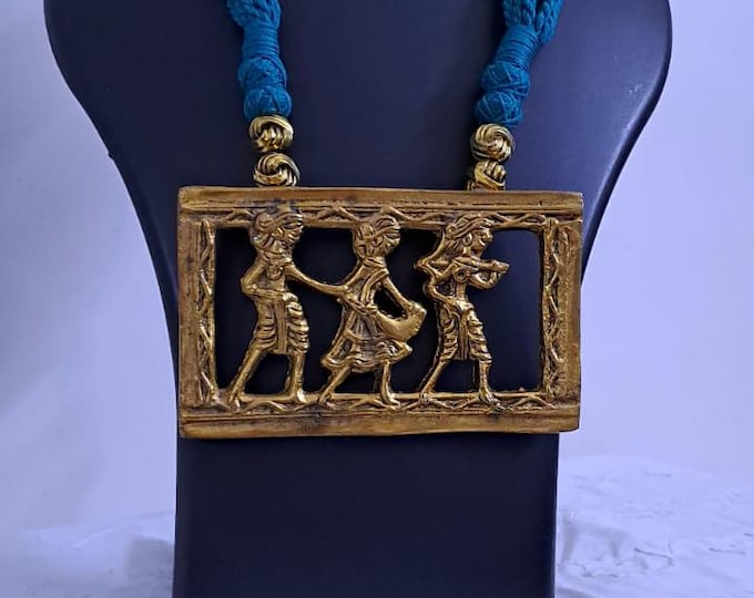 Sea green thread necklace set with dokra pendant n matching earrings