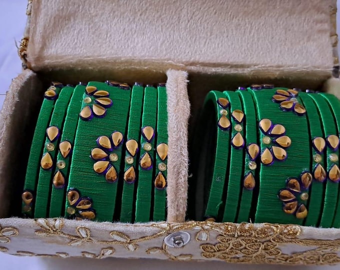 Green colour traditional thread kundan bangles with zari bangle box