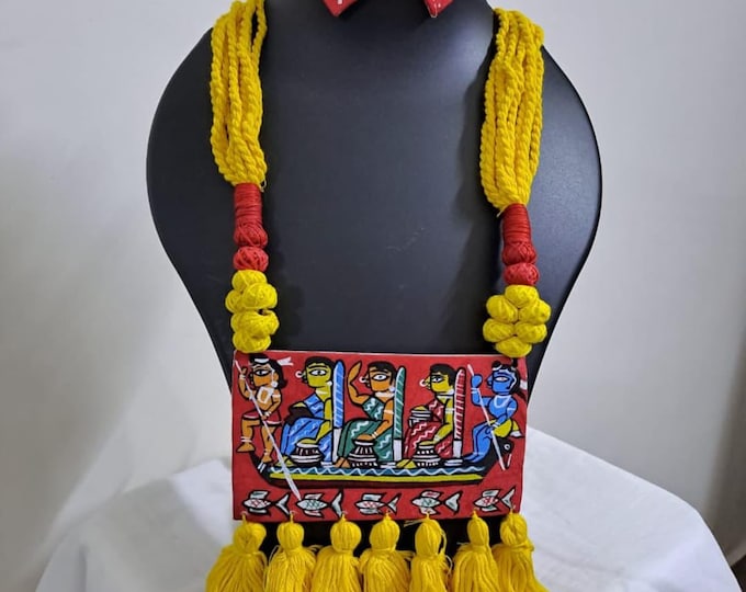 Handpainted fabric necklace set with earrings