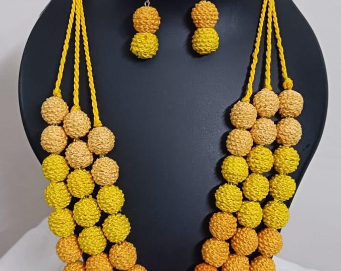 Exclusive 3 layered yellow thread beads necklace set with matching earrings