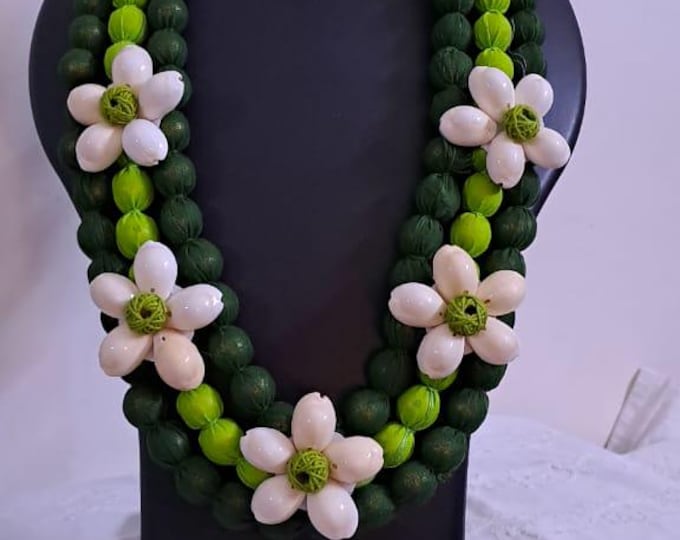 Exclusive multi-layered green fabric necklace with shells n matching earrings