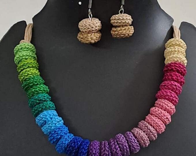 Exclusive multi coloured crochet necklace with colouful matching earrings.