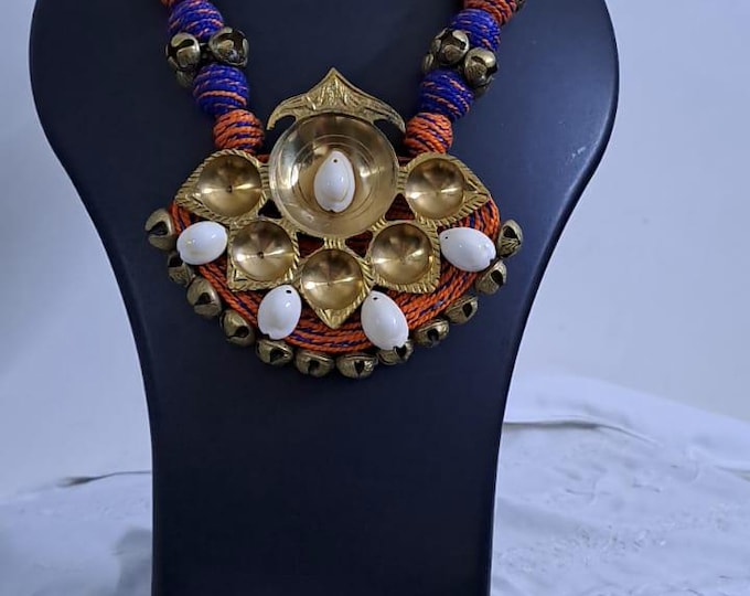 Blue Orange thread beads necklace set with dokra pendant n matching earrings
