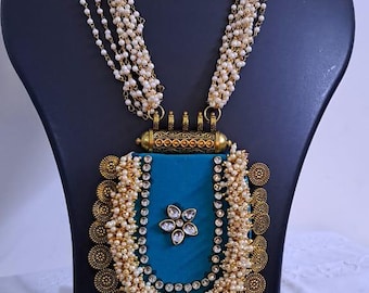 Exclusive Indian traditional blue fabric necklace with laural beads and kundan n matching earrings