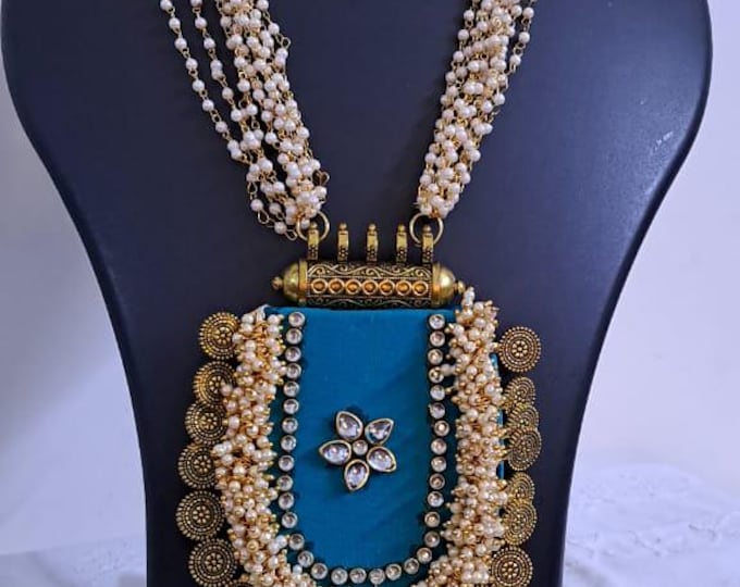 Exclusive Indian traditional blue fabric necklace with laural beads and kundan n matching earrings