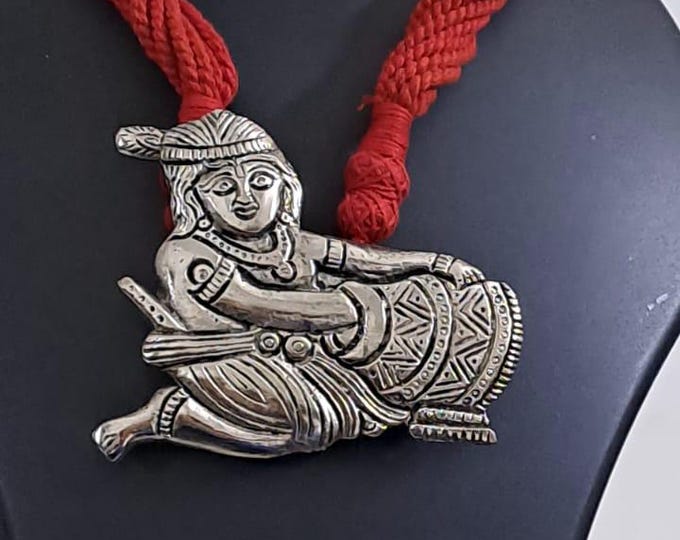 Red thread necklace with silver oxidised krishna pendant