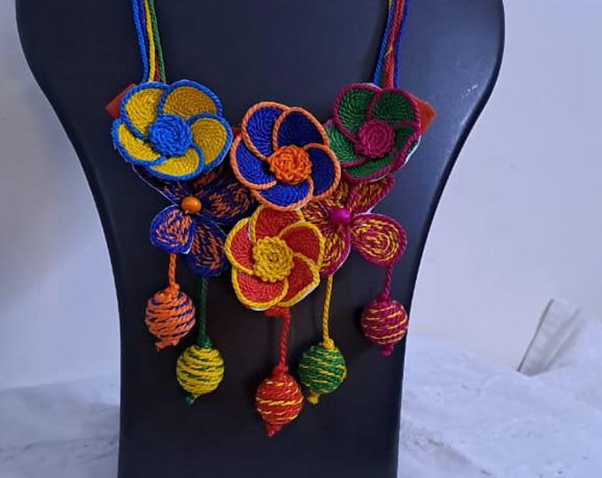 Multi colour flower thread necklace with thread bead fringes and matching earrings