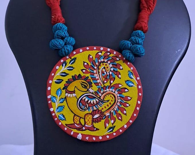 Handpainted fabric necklace set with earrings