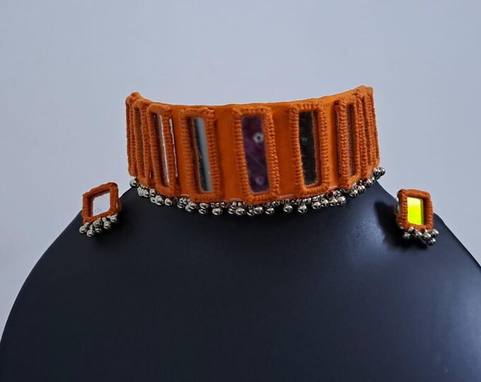 Kutchwork glasswork necklace set with matching earrings
