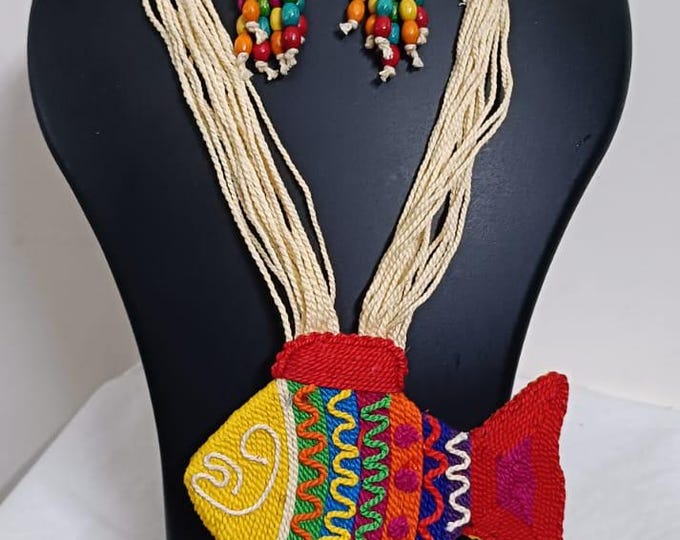 Multi colour thread fish pendant Jewellery. set with matching thread earrings