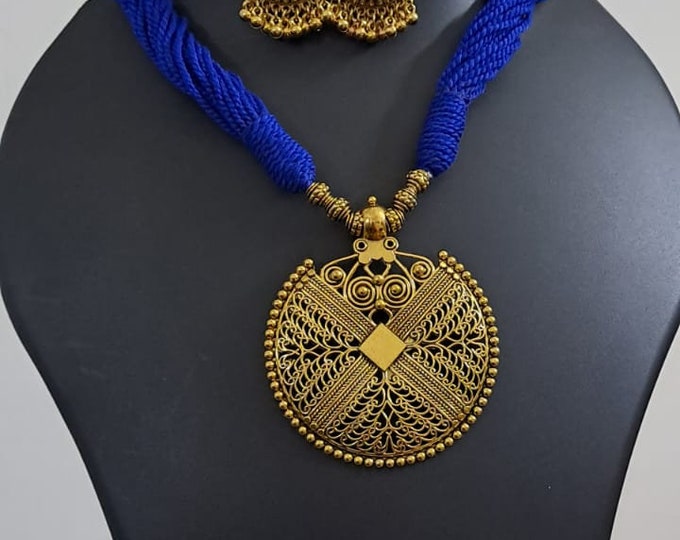 Blue thread necklace with Golden oxidised traditional pendant