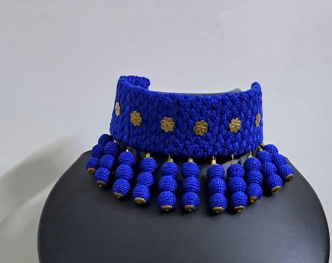 Blue braided choker necklace set with fringes and matching earrings