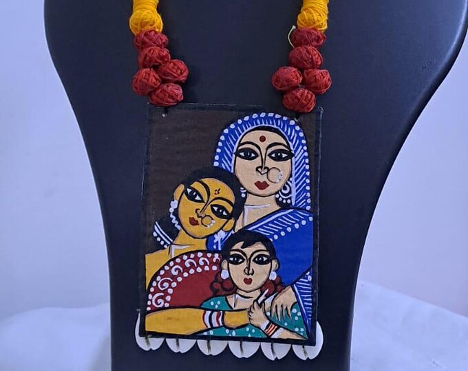 Handpainted fabric necklace set with earrings