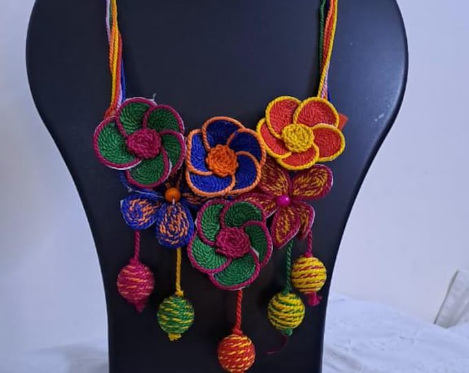 Multi colour flower thread necklace with thread bead fringes and matching earrings