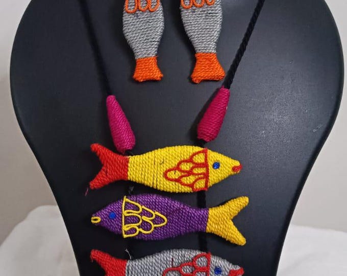 Multi colour crochet thread necklace with fish pendant and matching thread earrings