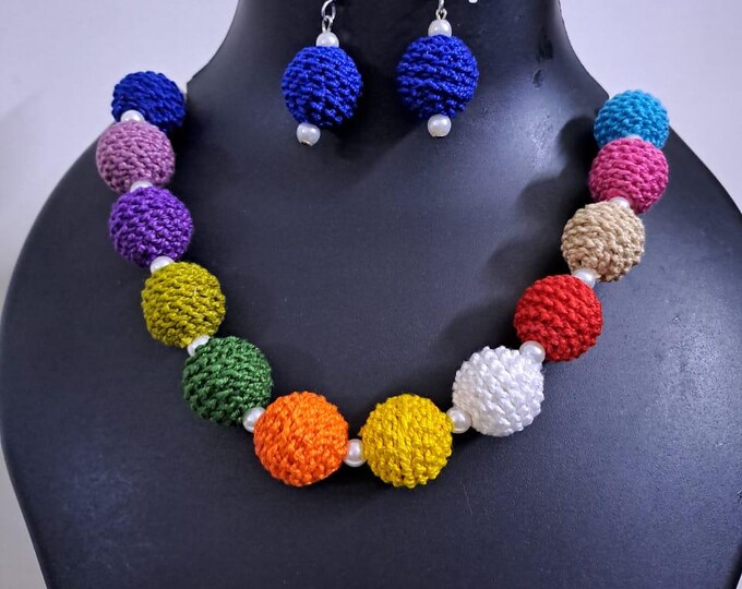 Crochet thread beads necklace set with matching earrings