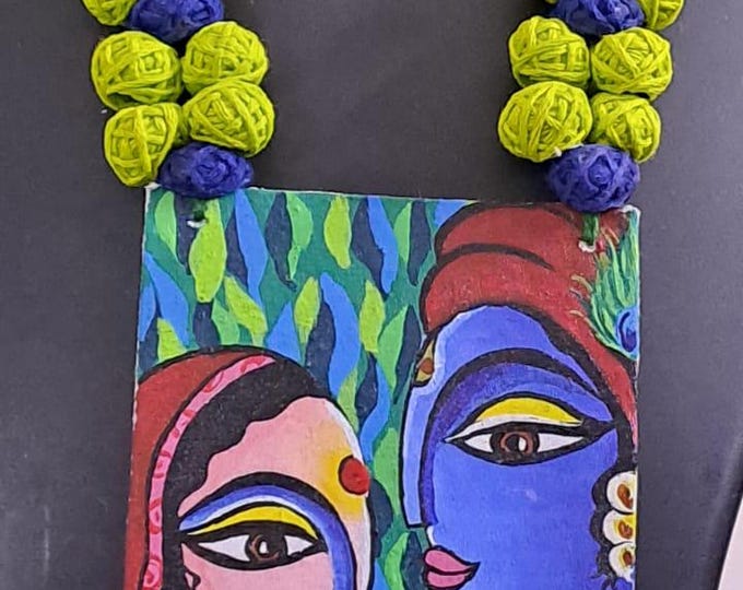 Handpainted fabric necklace set with earrings