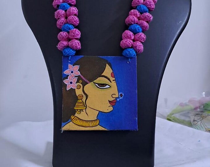 Handpainted fabric jewellery set with matching earrings